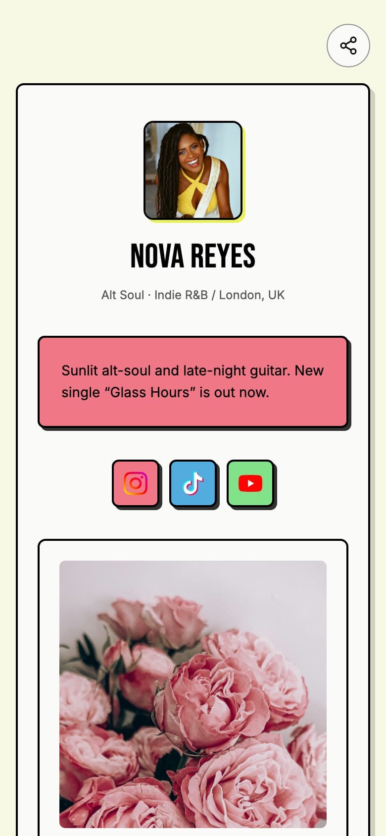 An example Tune.page in the Pop style