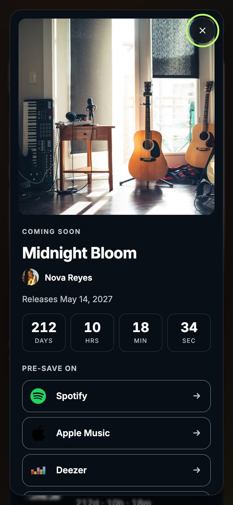 An example Tune.page upcoming release with artwork, release date, countdown and pre-save buttons for Spotify, Apple Music and Deezer