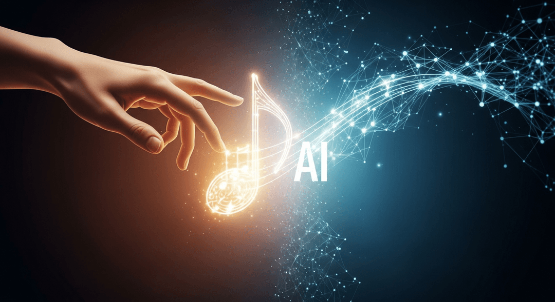 Conceptual image illustrating the ethical considerations of AI music, showing a human hand interacting with a musical note balanced against AI neural networks, emphasizing the human touch in generative AI music.
