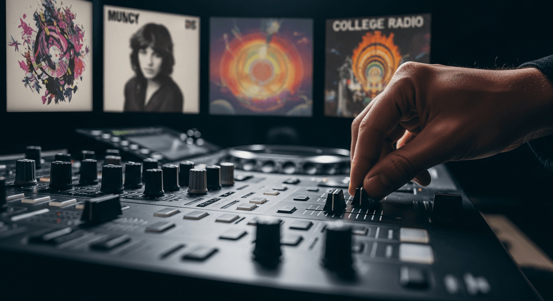 A DJ's hand on a mixing console, symbolizing the benefits of college radio for musicians as tastemakers in discovering new indie artist radio play and how to get music on college radio.