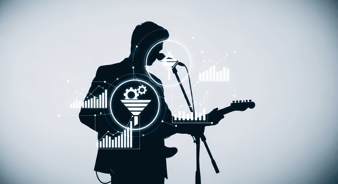 Conceptual image of an independent artist juggling creative and business roles, symbolizing entrepreneurship, marketing, and strategic planning in music.