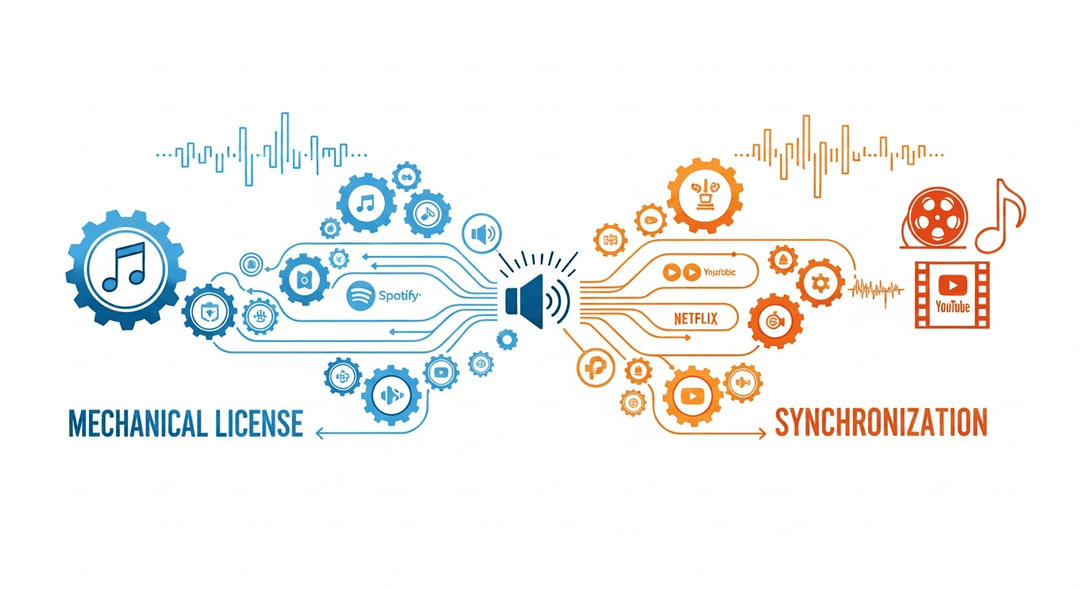 Visual representation of mechanical and synchronization licenses required for indie musicians to legally release cover songs on various platforms.