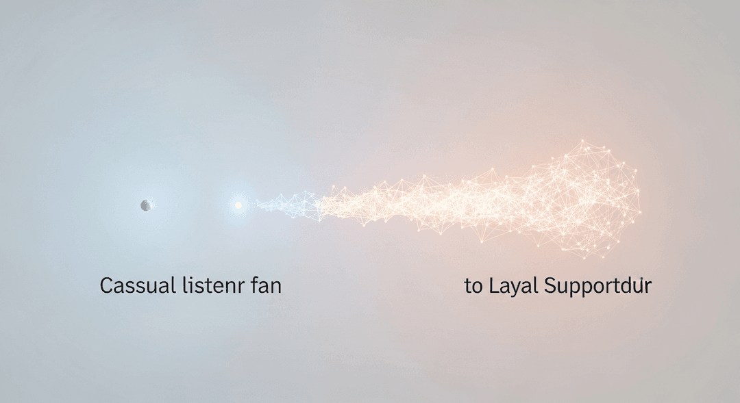 Visual concept of a music fan's progression from casual listener to loyal supporter, showing growth and connection.
