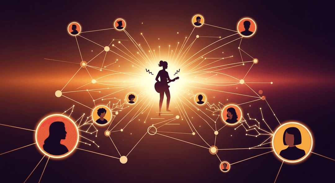 Conceptual artwork showing fan engagement for musicians, with an artist connecting to a network of fans through digital interaction.