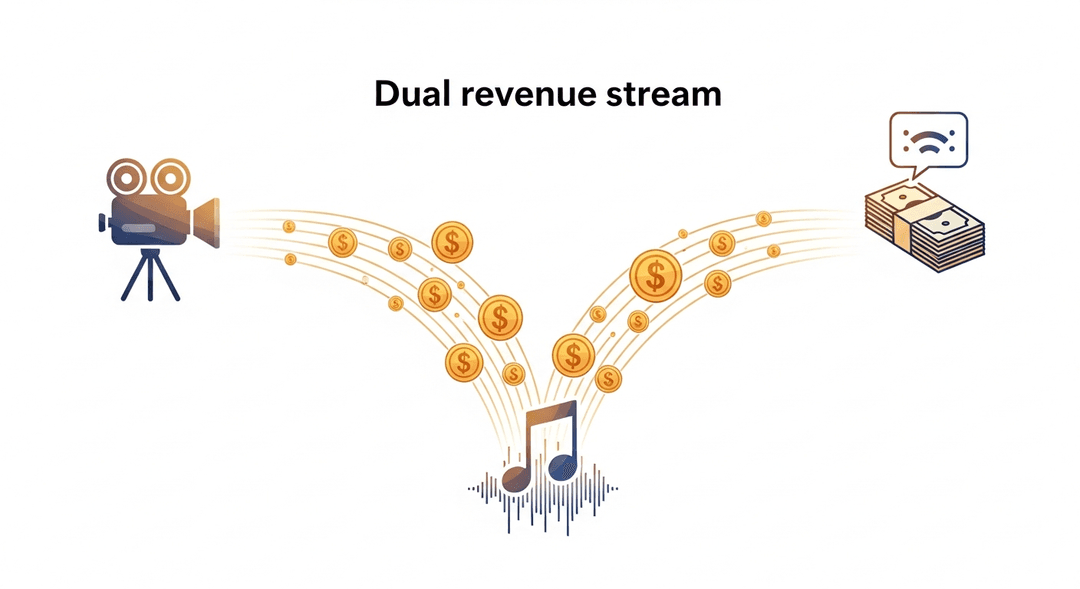 Illustration of dual revenue streams from music sync licensing, depicting income from upfront fees and ongoing performance royalties for independent artists.