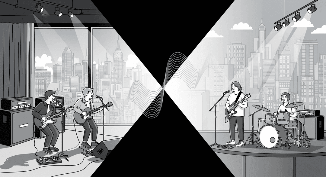 Musician gig swap illustrating cross-promotion for bands and booking out-of-town gigs.