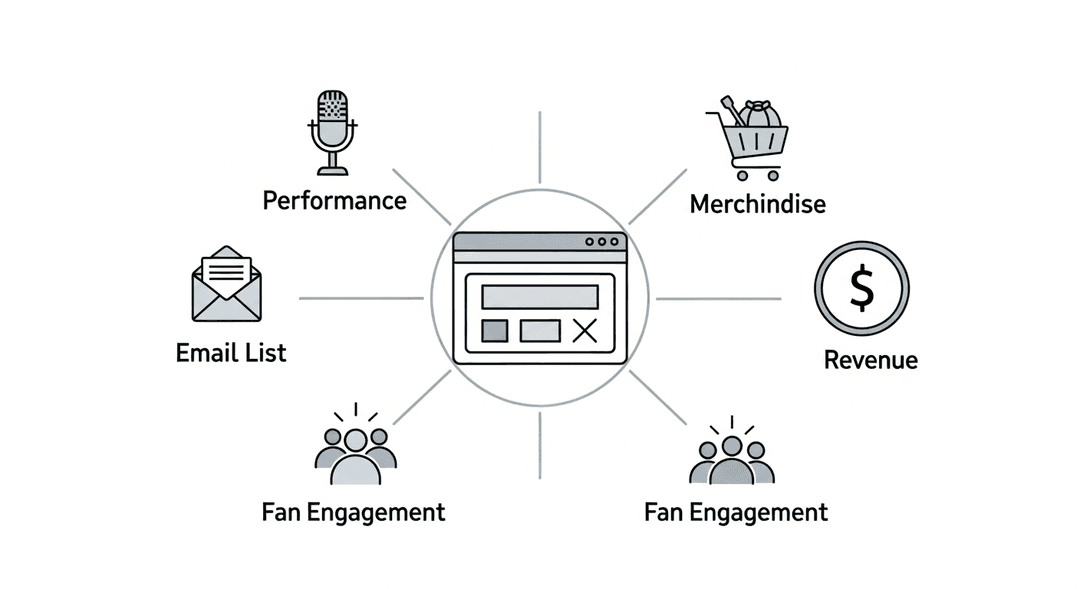 A musician's website as a central hub for fan engagement, merchandise sales, and music career growth.