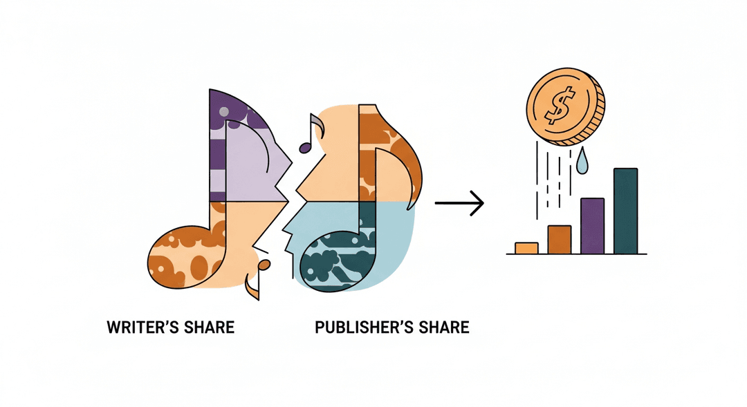 Visualizing the split and reunification of music royalties, showing how self-publishing music maximizes writer's and publisher's shares.