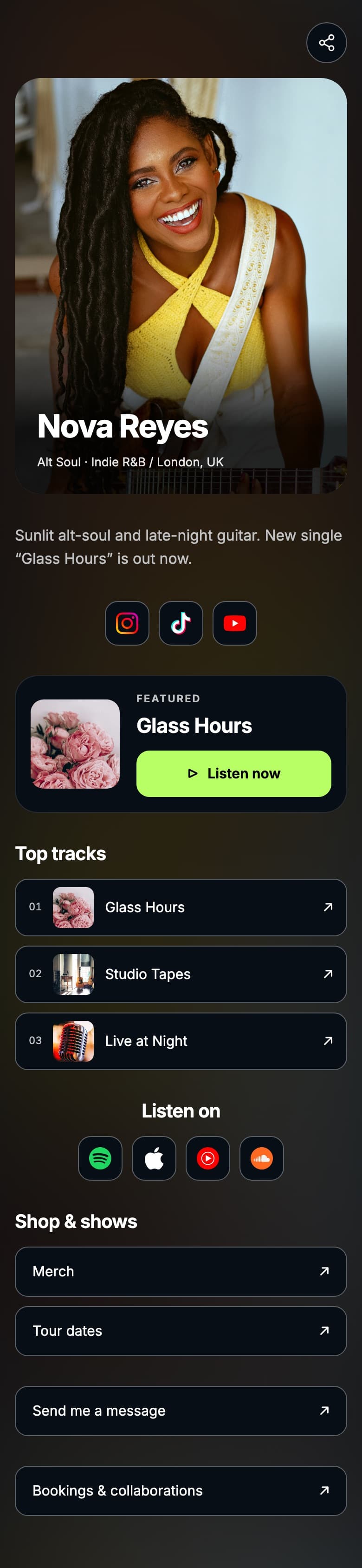 Top of an example artist page: photo with name, genre and city, a short bio, social icons and the latest single