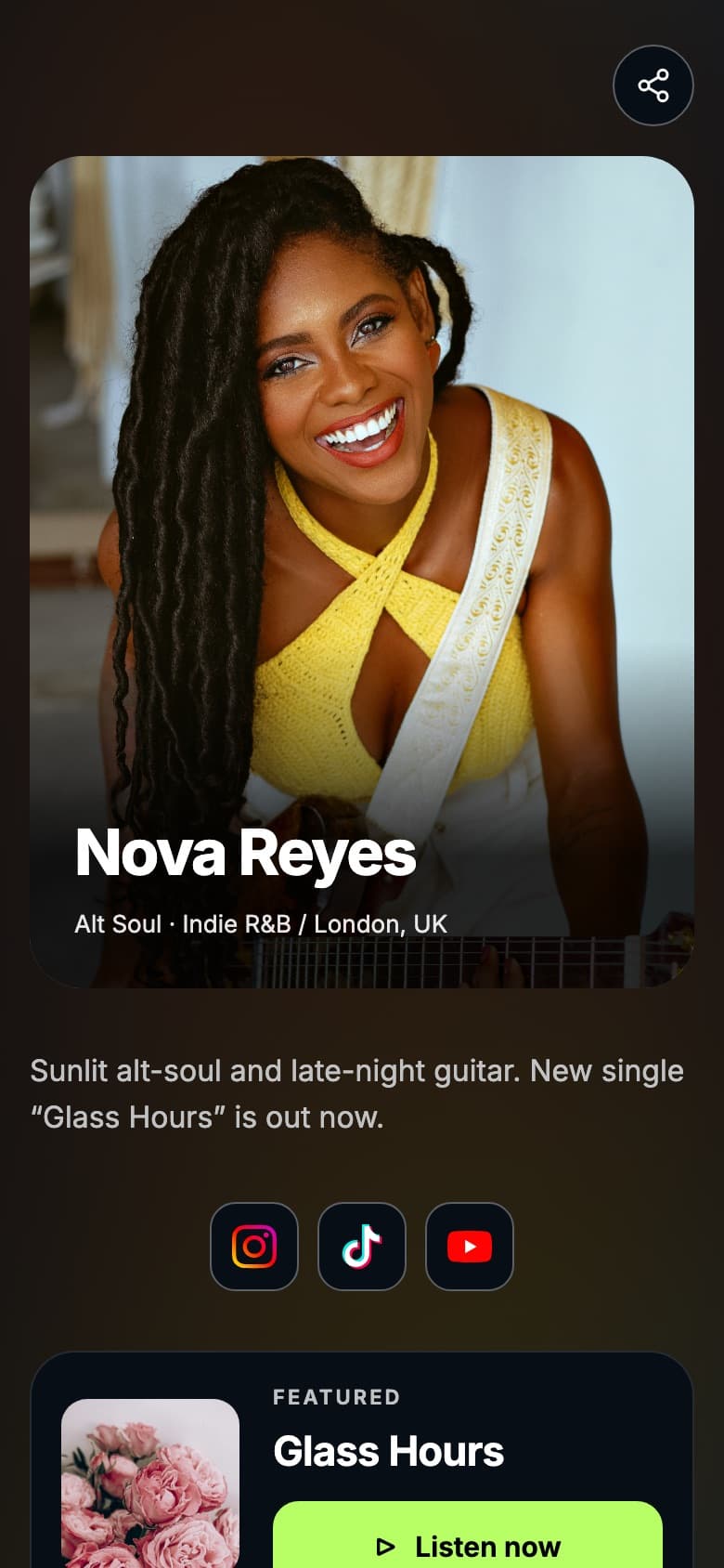An example Tune.page in the Modern style featuring a released single