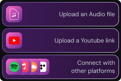 Upload an audio file, YouTube link, or connect other platforms