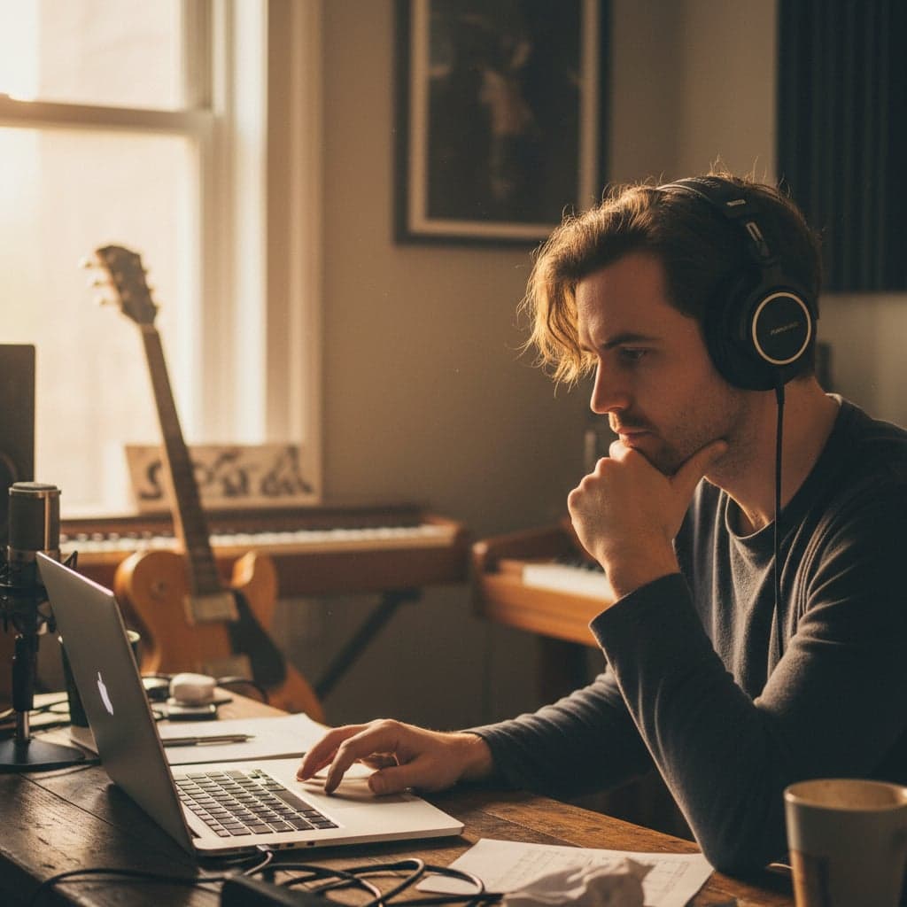 Independent artist using a laptop to pitch music for TikTok editorial opportunities and music promotion.
